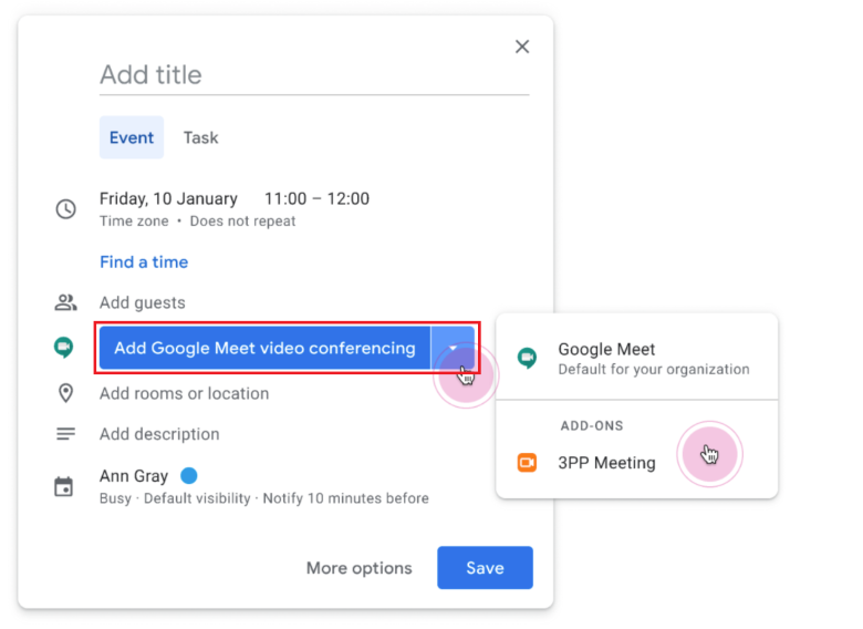 Programe la reunión para solucionar un problema no disponible en Google Meet