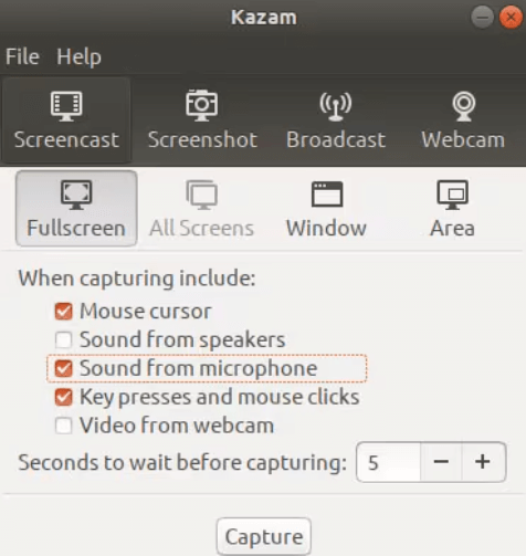 Grabador de pantalla Kazam con Facecam