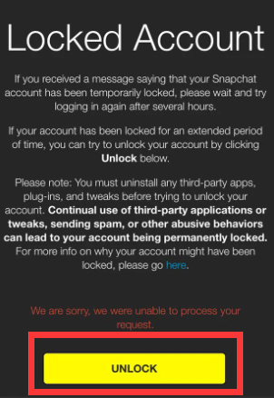 Presione el botón de desbloqueo para desbloquear la cuenta de Snapchat