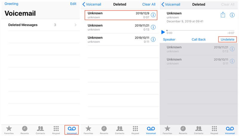 Recupere el correo de voz eliminado en iPhone usando la sección "Mensajes eliminados"