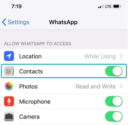 Permitir que los permisos de contacto de WhatsApp en iPhone arreglen los contactos que no se muestran