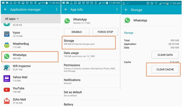 Métodos para solucionar "Los vídeos de WhatsApp no ​​se muestran en la galería" - Borrar la caché de WhatsApp
