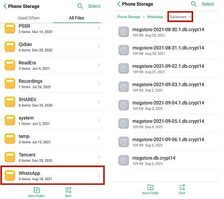 Restaurar WhatsApp desde la copia de seguridad usando la copia de seguridad local de WhatsApp en el almacenamiento interno