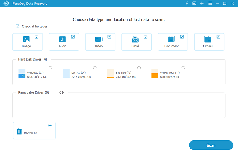 Inicie FoneDog Data Recovery y elija el tipo de archivo y el almacenamiento